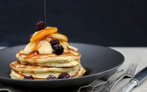 Fluffy Sourdough Pancakes with Caramel Apples