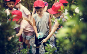 School children learning about environment in garden.