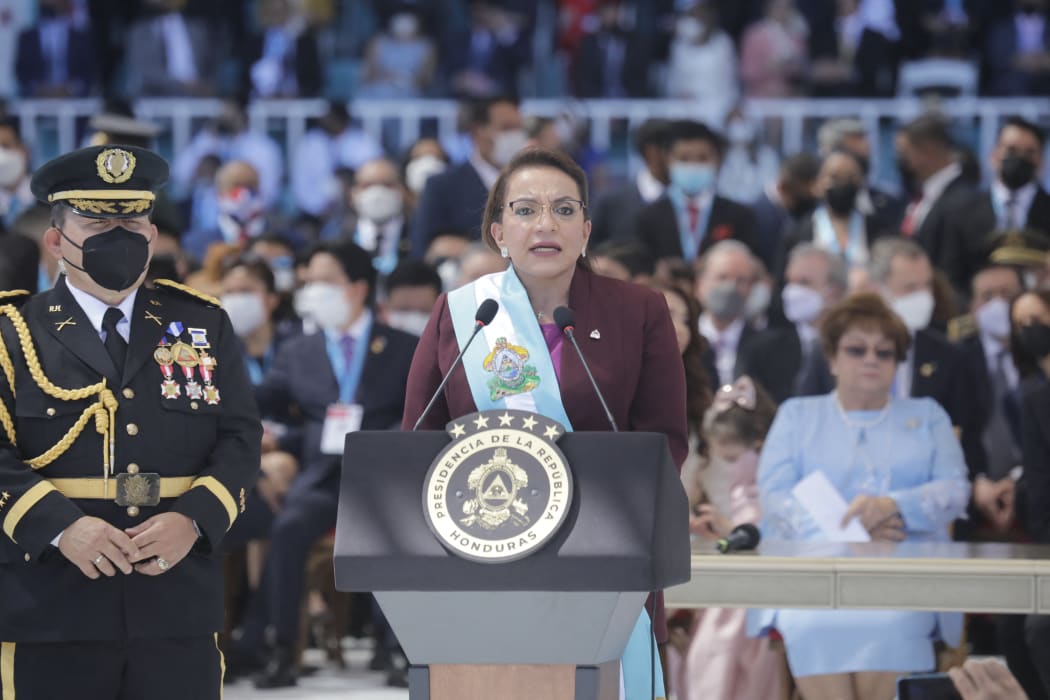 Honduran President-elect Xiomara Castro speaks after taking oath during her inauguration ceremony in Tegucigalpa, Honduras, on January 27, 2022.
