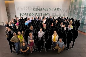 A photo of Denver Post staff in 2013 after the paper won a Pulitzer prize. Those in black have left the paper or been made laid off in the past five years.