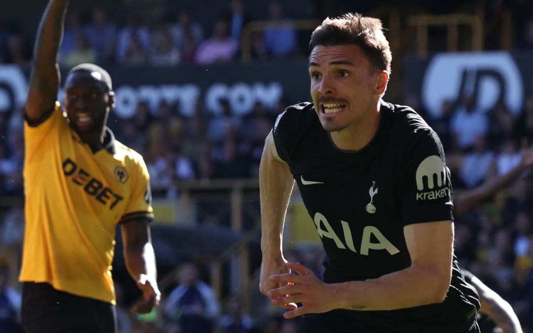 Tottenham Hotspur's midfielder Joao Palhinha celebrates after scoring against Wolves.