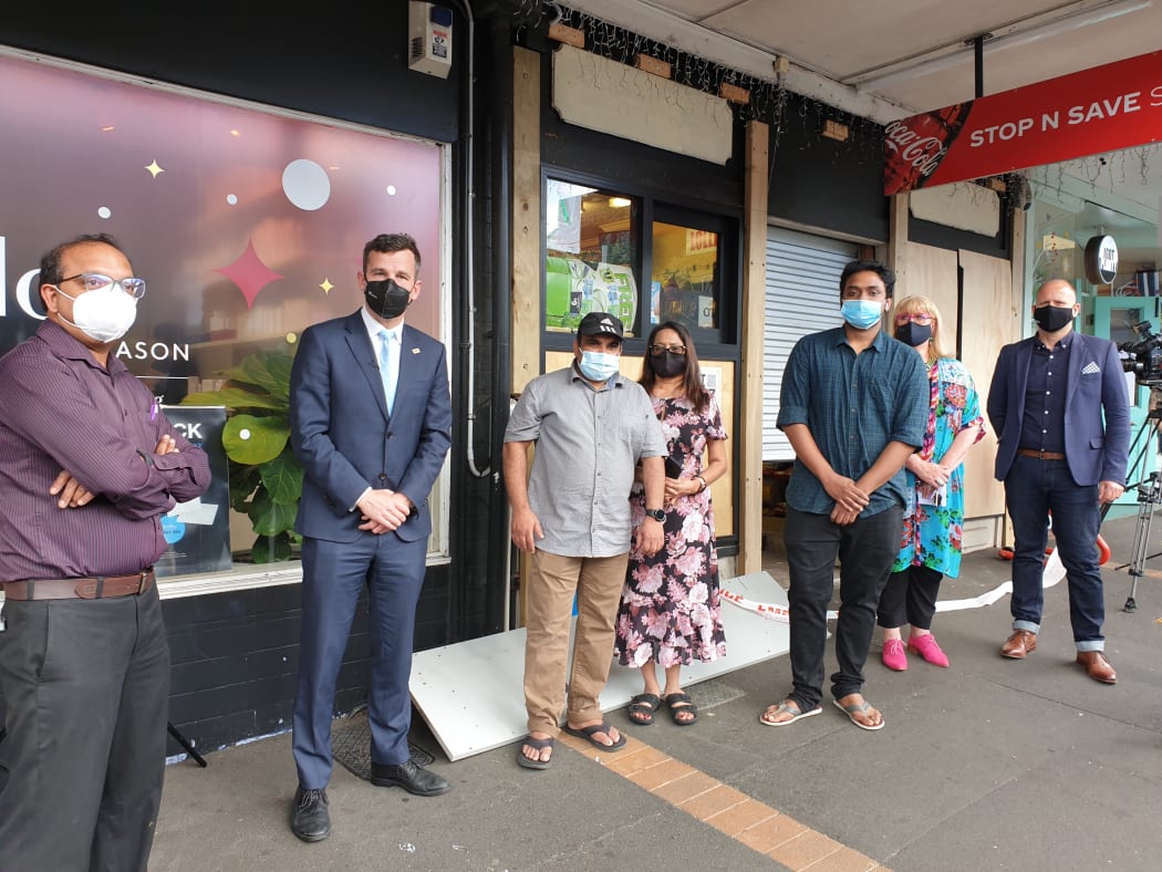 From left: Kalpesh Patel, owner of Hilltop Superette, ACT Party leader David Seymour, Stop-N-Save Superette owners Dave Kumer and Sumi and staff member, Parnell Business Association manager Cheryl Adamson, Newmarket Business Association chief executive Mark Knoff-Thomas.