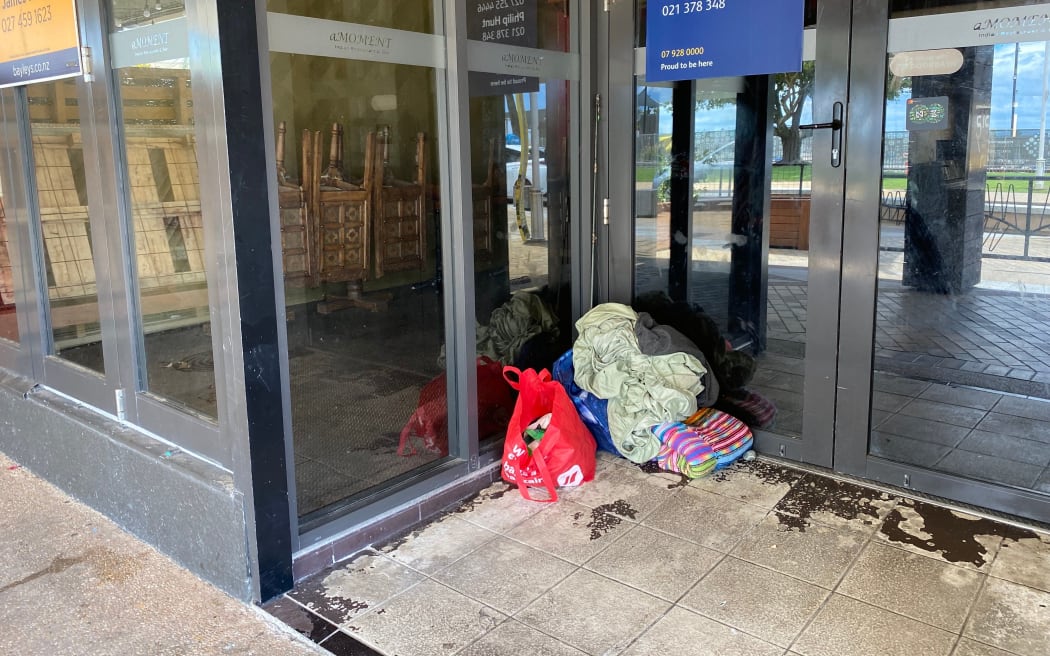 Belongings in the doorway of a vacant premises on The Strand, in Tauranga.