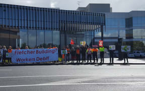 Protesters outside Fletcher Building headquarters in Auckland.