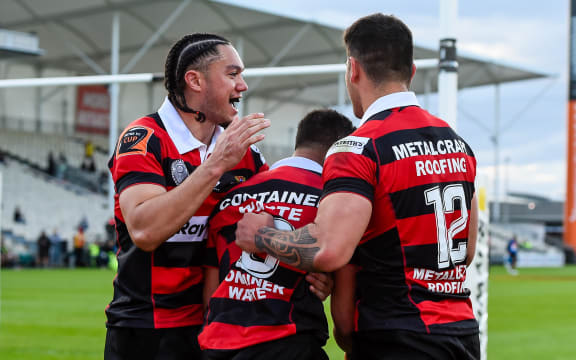 Rameka Poihipi (r) and Isaiah Punivai  celebrates Richie Mo'unga scoring a try for Canterbury in their Mitre10 Cup and Ranfurly Shield rugby match against Taranaki at Orangetheory Stadium, Christchurch, New Zealand, 19th September 2020.