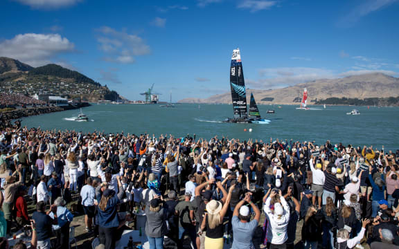 New Zealand SailGP Team helmed by Peter Burling cross the finish line to win the final, New Zealand Sail Grand Prix in Christchurch, 2024.