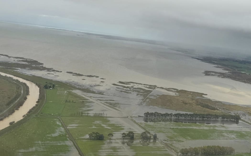 An image taken by Selwyn Mayor Sam Broughton in a helicopter flyover shows the flooding around Te Waihora Lake Ellesmere on May 2.