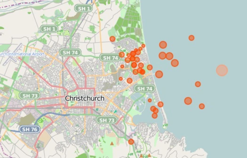 Dozens of aftershocks occurred in the hours following the 5.7 quake - seen in orange. Aftershocks in red.