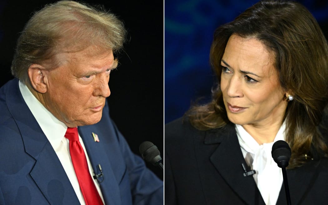 (COMBO) This combination of pictures created on September 10, 2024 shows former US President and Republican presidential candidate Donald Trump (L) and US Vice President and Democratic presidential candidate Kamala Harris  participating in a presidential debate at the National Constitution Center in Philadelphia, Pennsylvania, on September 10, 2024. 

US Vice President and Democratic presidential candidate Kamala Harris speaks during a presidential debate with former US President and Republican presidential candidate Donald Trump at the National Constitution Center in Philadelphia, Pennsylvania, on September 10, 2024. (Photo by SAUL LOEB / AFP)