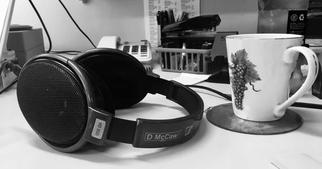 Producer David McCaw's Sennheiser headphones taking a well deserved tea break.