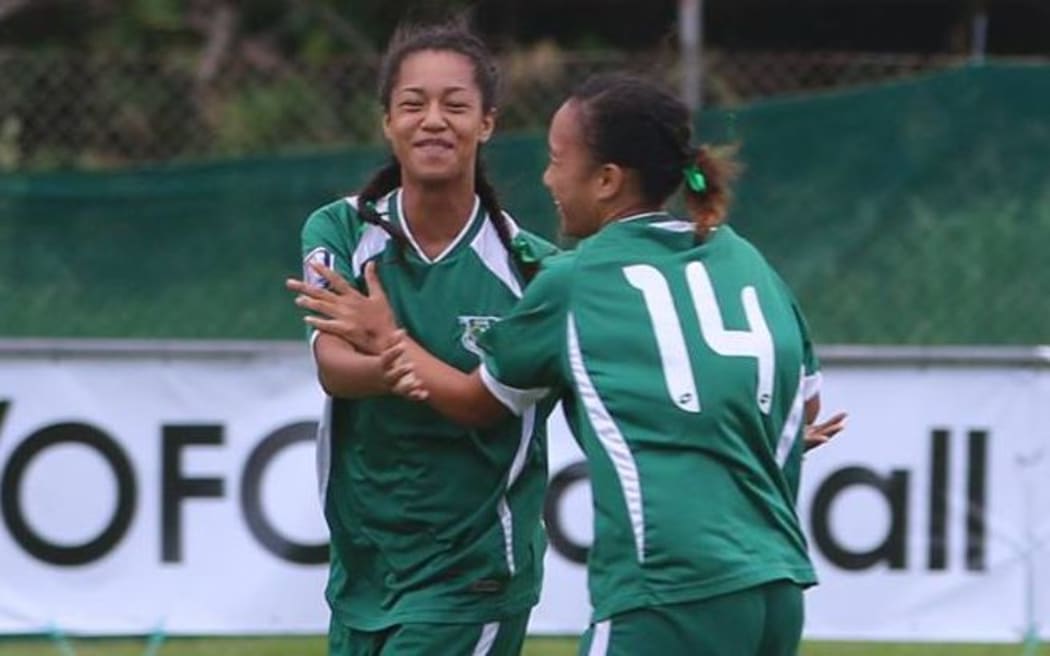 Cook Islands players celebrate Moeroa Harmon's opening goal.
