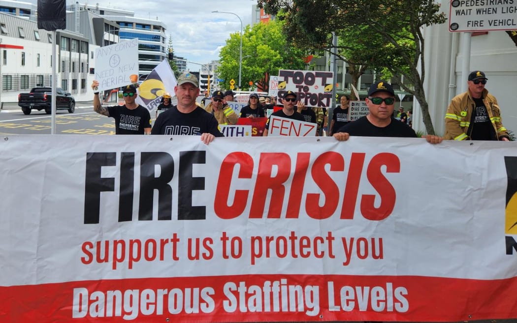 Auckland firefighters protest for better pay and work conditions.