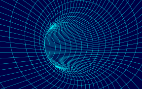 Futuristic funnel. Wireframe space travel tunnel. Abstract blue wormhole with surface warp.