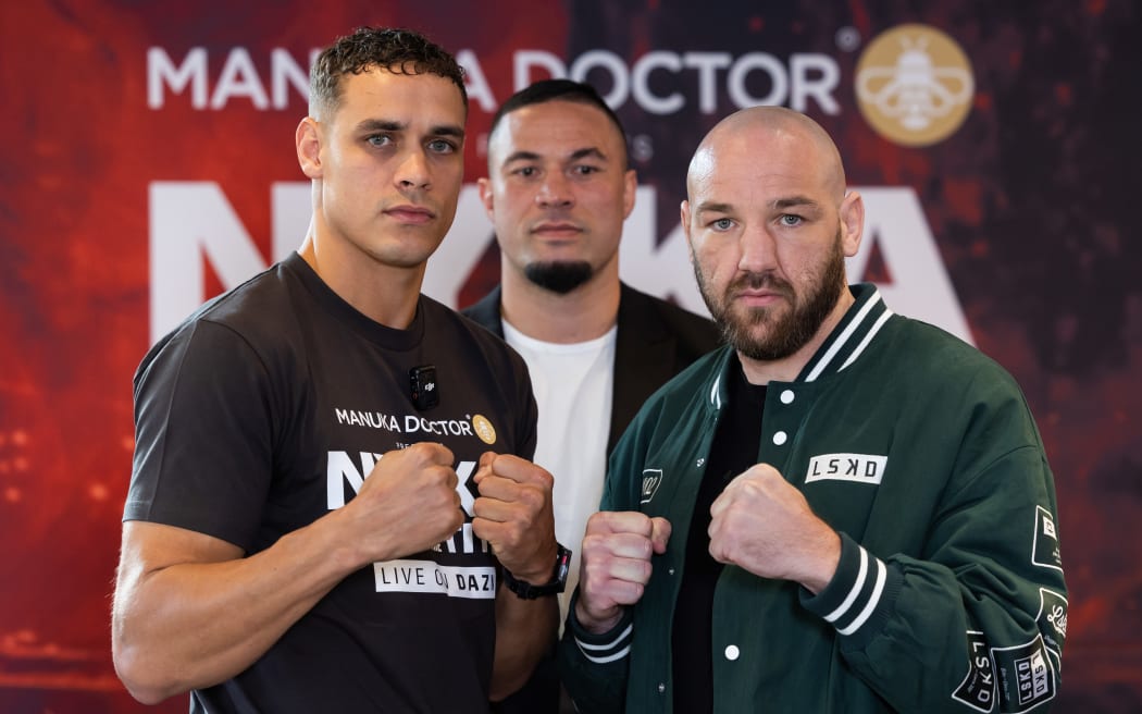 David Nyika and Blake Caparello face-off during the David Nyika Road to the Title Opponent Announcement Photo Opportunity and Press Conference at SkyCity Tower and SkyCity Grand Hotel.