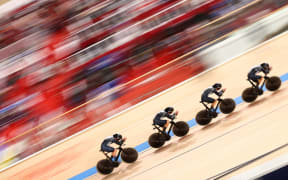 Aaron Gate, Campbell Stewart, Regan Gough and Jordan Kerby of New Zealand in action during the men's team pursuit final