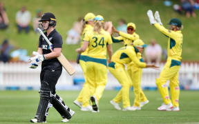 White Ferns Brooke Halliday (L) walks from the field after being caught during the 2nd ODI New Zealand White Ferns v Australia Rose Bowl ODI series at Cello Basin Reserve, Wellington, 21 December 2024. © Copyright image by Marty Melville / www.photosport.nz
