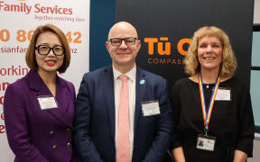 AFS chief executive Kelly Feng, Mental Health Minister Matt Doocey and Tū Ora Compass Health deputy chief executive Mabli Jones.   9 Oct 2025.