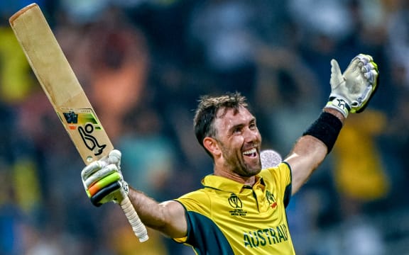 Australia's Glenn Maxwell celebrates after hitting the winning runs against Afghanistan at the Cricket World Cup.