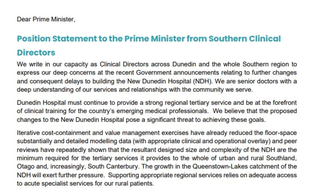 A screenshot from a letter from 44 clinical directors across the southern region to the government warning it of the risks in changing the Dunedin Hospital rebuild.