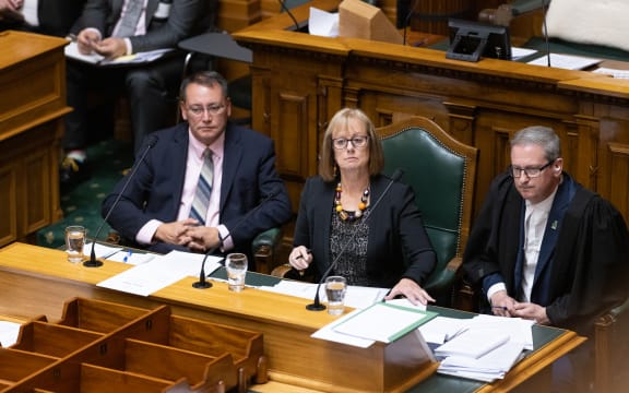 Deputy Speaker of Parliament Barbara Kuriger (centre) chairs the committee stage of the Pae Ora (Disestablishment of the Māori Health Authority) Bill, alongside Health Minister Shane Reti (left) and Clerk David Bagnall, 28 February 2024.