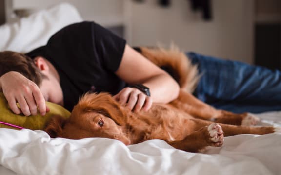 Young man sleeping with dog