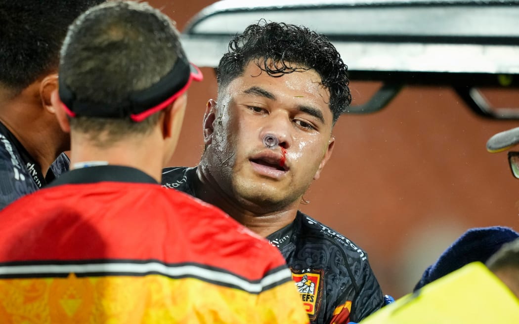 Chiefs Wallace Sititi is injured during the Chiefs v Reds Super Rugby Pacific Qualifying Final match at FMG Stadium Waikato in Hamilton, New Zealand, on Saturday June 6th 2026.

© Photo: Blake Armstrong / Photosport