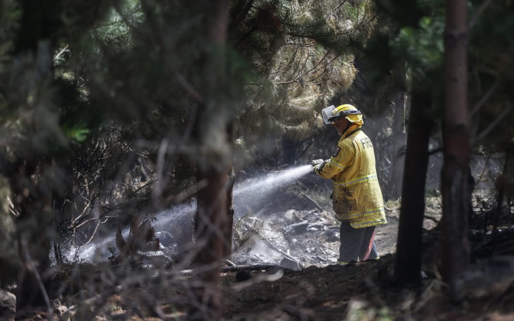 170224 CHRIS SKELTON / POOL
Firefighters continue their efforts on Saturday as they work to dampen down remaining hot spots and create a buffer zone around the 24km perimeter fire ground in Christchurch's Port Hills.