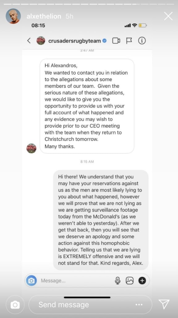 Image of Instagram story showing Crusaders requesting the accusers to give a full account and any evidence they had.
