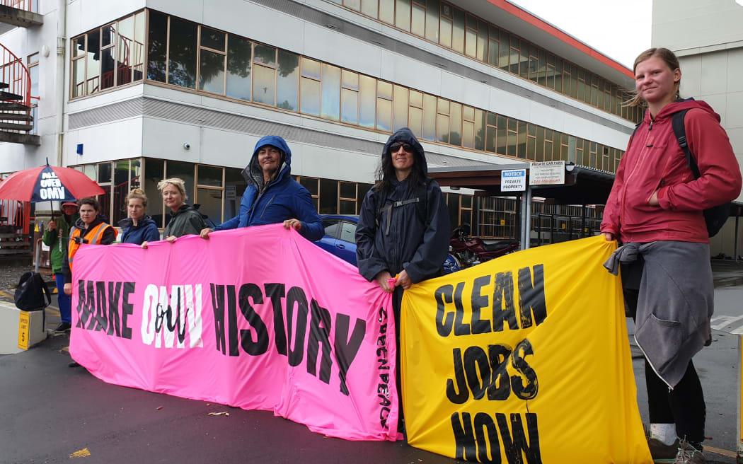 Protesters outside the OMV offices in New Plymouth on Monday 2/12/19.