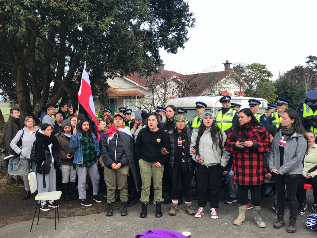 The scene at the entrance to the Ihumātao site.