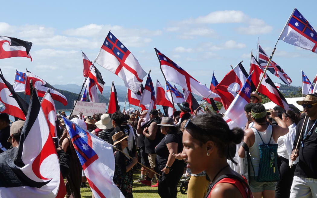 Marchers on the hīkoi from Te Rerenga Wairua (Cape Reinga) arrive at the Treaty Grounds.