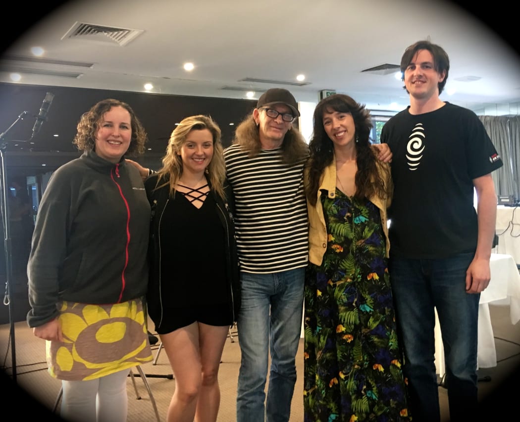 Photo: L-R: Esyllt Glyn Jones (harp, vocals), Mirain Roberts (vocals), Trevor, Lisa Jen (vox) and William Saunders (RNZ)