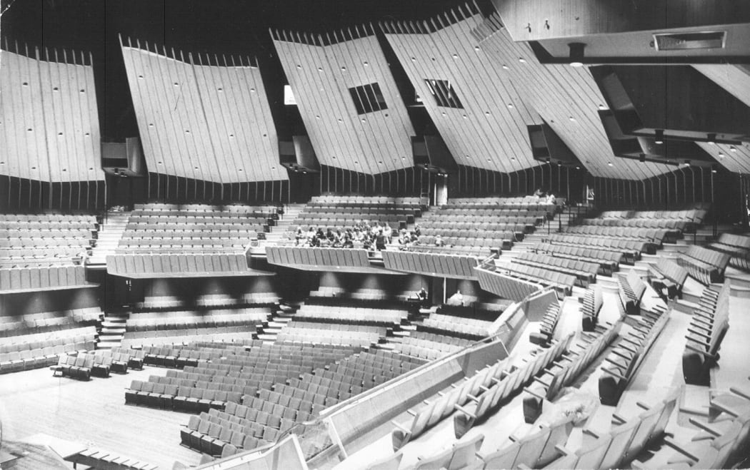 Christchurch Town Hall auditorium showing side reflector panels