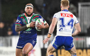 Warriors player Jazz Tevaga in action against the Bulldogs.