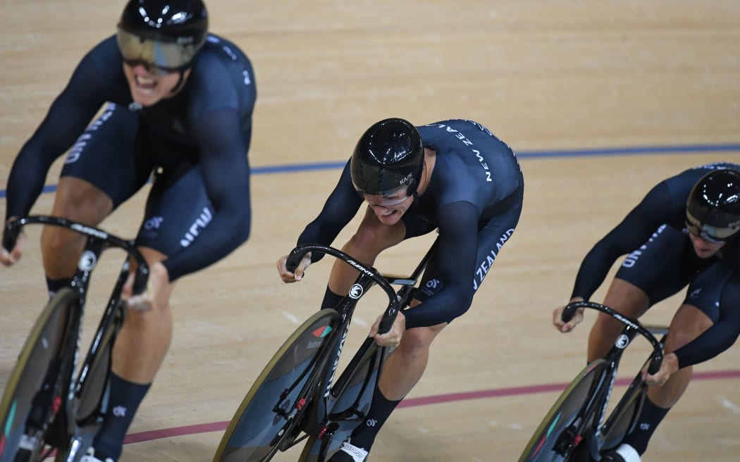 New Zealand's Eddie Dawkins, Ethan Mitchell and Sam Webster compete in the men's Team Sprint qualifying track cycling event.