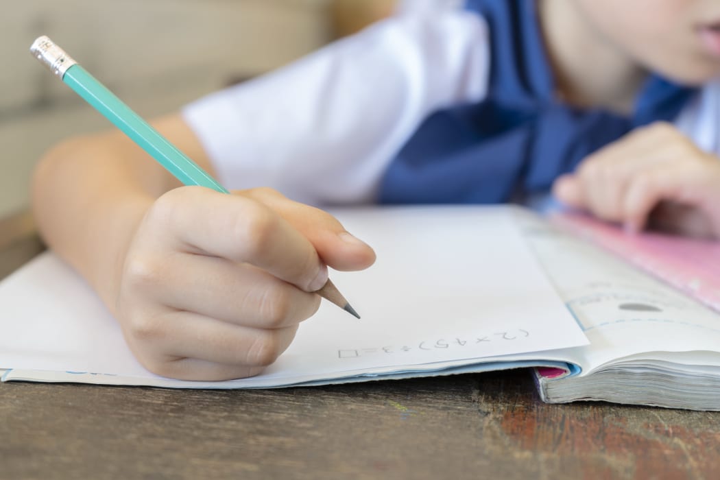 Student holding pencils for math calculation, homework.