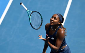 Coco Gauff juggles her racquet during her singles semi final match at the ASB Classic tennis tournament in Auckland.