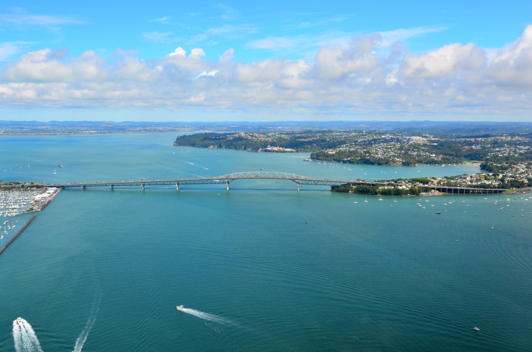 Aerial view of Auckland harbour bridge. It is the second-longest road bridge in New Zealand, and the longest in the North Island.