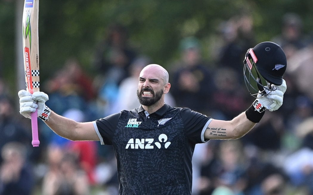 Daryl Mitchell of the Black Caps celebrates 100 runs during the 1st ODI cricket match, New Zealand Vs West Indies, at Hagley Oval in Christchurch, New Zealand. 16th November, 2025. © Copyright photo: John Davidson / www.photosport.nz