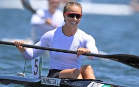 New Zealand's Lisa Carrington wins the Women's Kayak single 200m Gold medal at the Tokyo 2020 Olympic Games Canoe sprint at Sea Forest Waterway, Japan on 3 August 2021.