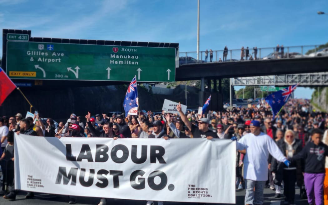 Marchers took over part of the Auckland motorway during a protest on Saturday. The march was organised by the Freedom and Rights Coalition, and protests were direct at a number of causes and authorities, including anti-vaccines, anti-lockdowns, and anti-politician, with the slogan: "They all must go".