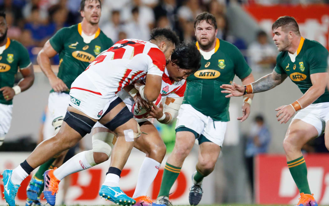 Brave Blossoms Uwe Helu and Keita Inagaki versus South Africa in RWC warm up match.