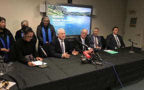 Regional council chair Russ Rummington, Auckland Mayor Phill Goff, Environment Minister David Parker, Te Arataura chair Rukumoana Schaafhausen, and Waikato River Authority co-chair Roger Pikia.