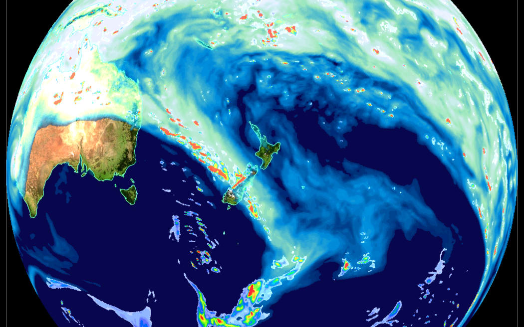 An example of an extreme atmospheric river impacting New Zealand from a NIWA climate model simulation (white shading showing elevated atmospheric water vapour; red shading showing extreme rainfall)