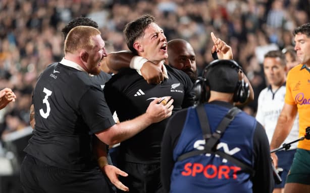 Cam Roigard of New Zealand  scores a try during the New Zealand All Blacks v Australia Wallabies, Bledisloe Cup Rugby Test Match at Eden Park, Auckland, New Zealand on Saturday 10th October 2026.       Photo: Brett Phibbs / Photosport