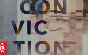 An illustrated portrait of Peter Ellis that looks distorted by glass. A bold 'CONVICTION' sits on top.