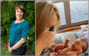 Alison Eddy; midwife examines newborn