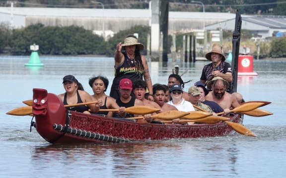 The Governor-General Dame Cindy Kiro's official Northland visit: Kaihautū [captain] Joelene Busby directs the waka tētē Whakaruru Te Hau.