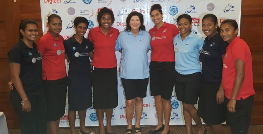 Fiji netball coach Vicki Wilson with some of her Pearls players.