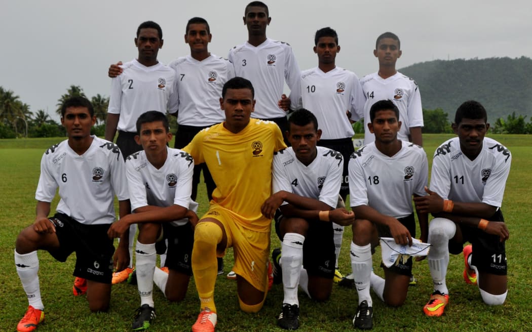 Shalit Muni Reddy with his Fiji Under 17 teammates before a match at the Oceania Championship.